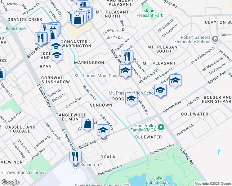map of restaurants, bars, coffee shops, grocery stores, and more near 2935 Moss Point Drive in San Jose