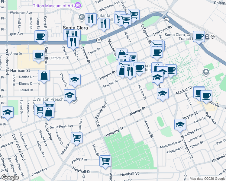 map of restaurants, bars, coffee shops, grocery stores, and more near 935 Jefferson Street in Santa Clara