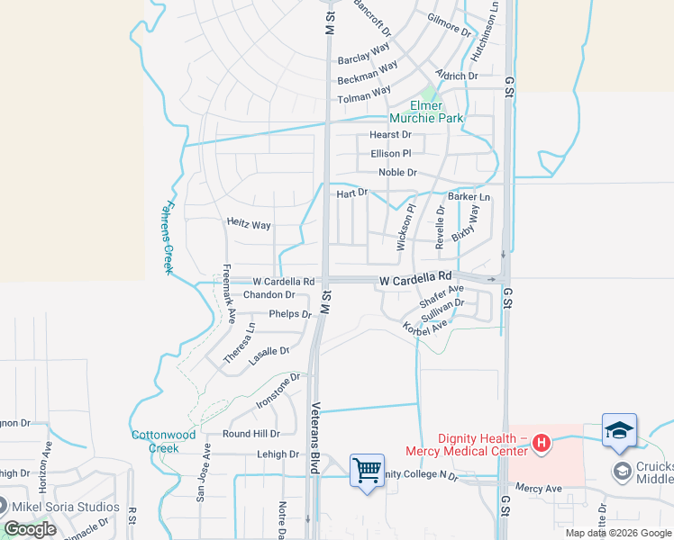 map of restaurants, bars, coffee shops, grocery stores, and more near 586 Glendon Court in Merced