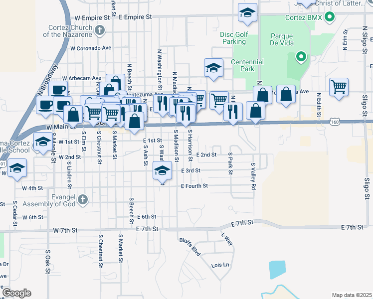 map of restaurants, bars, coffee shops, grocery stores, and more near 131 South Harrison Street in Cortez