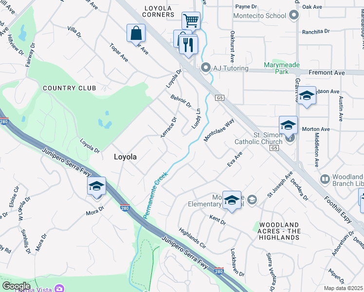 map of restaurants, bars, coffee shops, grocery stores, and more near 900 Shadow Creek Place in Los Altos
