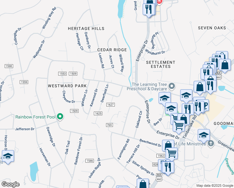 map of restaurants, bars, coffee shops, grocery stores, and more near 91 Holly Haven Drive in Lynchburg