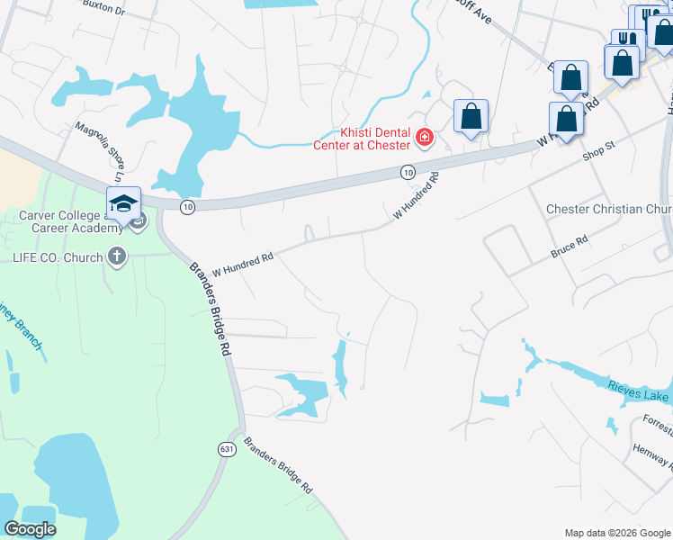 map of restaurants, bars, coffee shops, grocery stores, and more near 5401 West Hundred Road in Chester