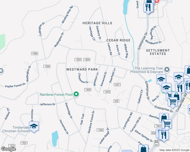 map of restaurants, bars, coffee shops, grocery stores, and more near 170 Windsor Lane in Lynchburg
