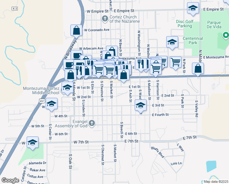 map of restaurants, bars, coffee shops, grocery stores, and more near 112 South Market Street in Cortez