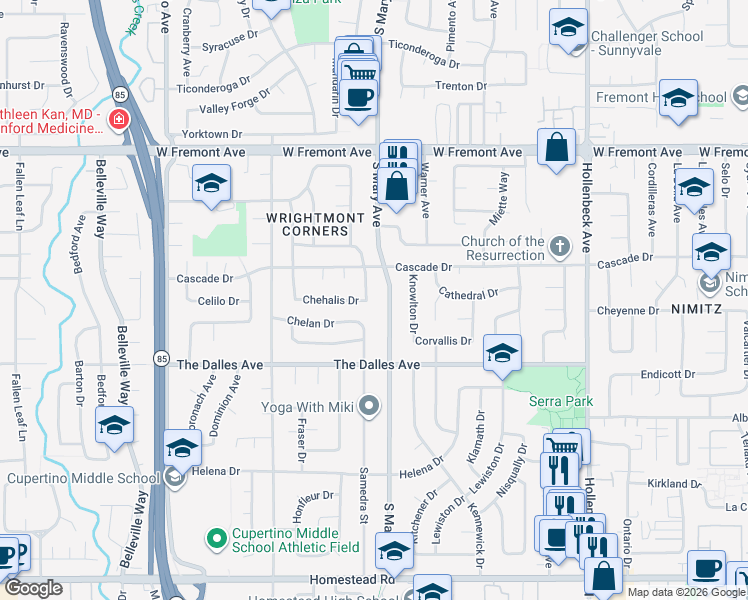 map of restaurants, bars, coffee shops, grocery stores, and more near 1442 Kitimat Place in Sunnyvale