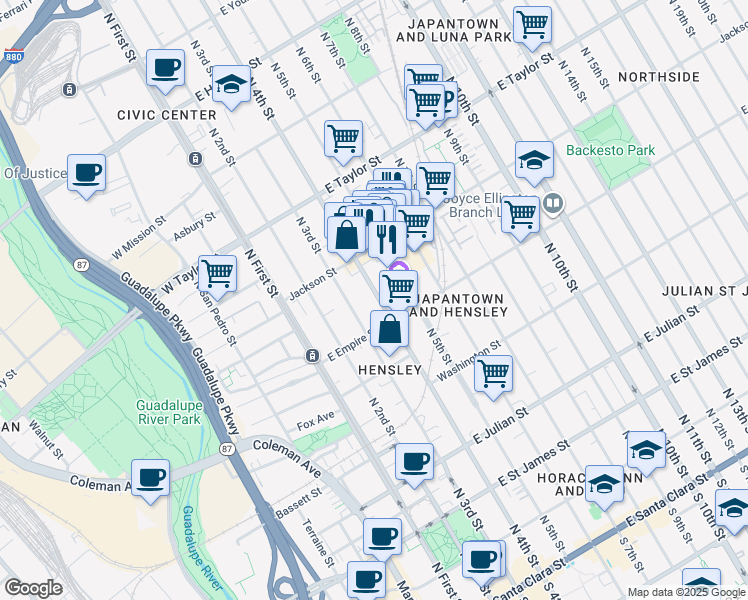 map of restaurants, bars, coffee shops, grocery stores, and more near 535 North 4th Street in San Jose