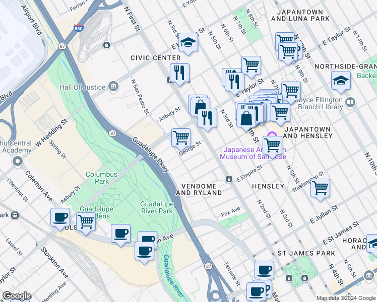 map of restaurants, bars, coffee shops, grocery stores, and more near 90 George Street in San Jose