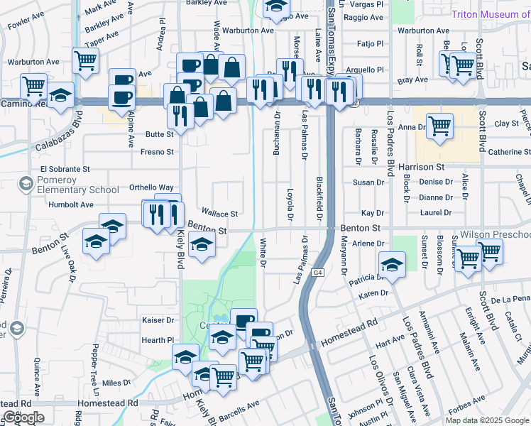 map of restaurants, bars, coffee shops, grocery stores, and more near 1138 White Drive in Santa Clara