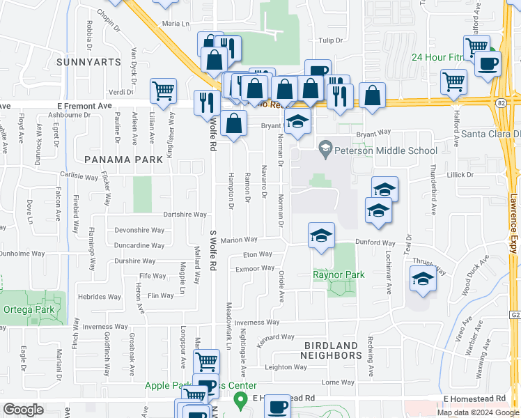 map of restaurants, bars, coffee shops, grocery stores, and more near 1447 Navarro Drive in Sunnyvale