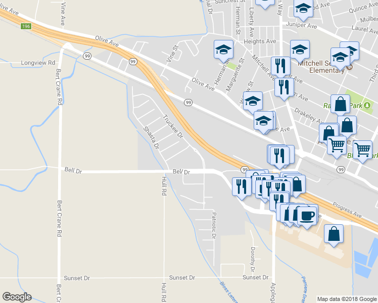 map of restaurants, bars, coffee shops, grocery stores, and more near 2104 Redding Way in Atwater