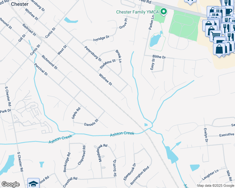 map of restaurants, bars, coffee shops, grocery stores, and more near 12680 Winfree Street in Chester
