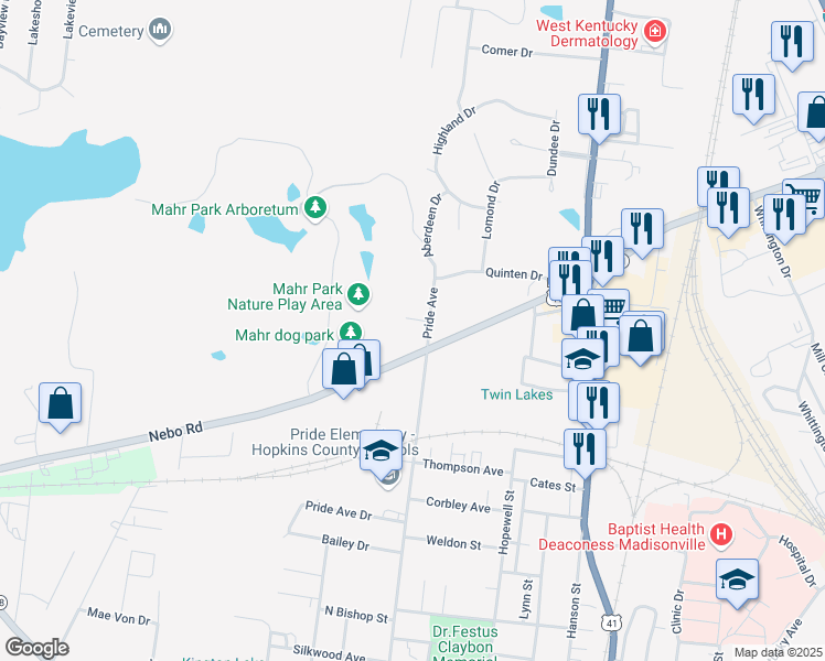 map of restaurants, bars, coffee shops, grocery stores, and more near 1500 Pride Avenue in Madisonville