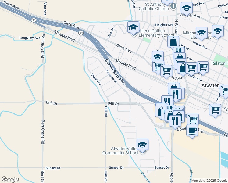 map of restaurants, bars, coffee shops, grocery stores, and more near 2117 Redding Way in Atwater