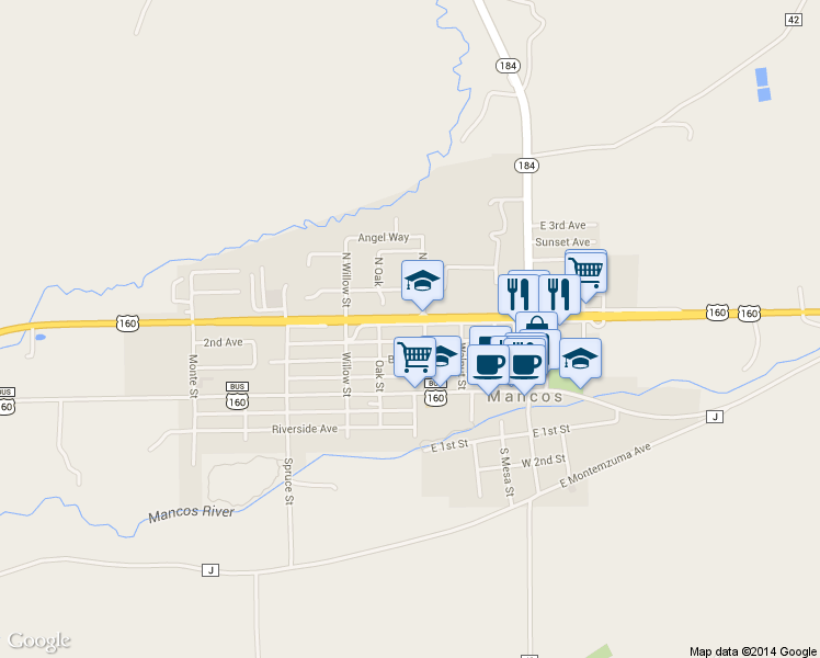 map of restaurants, bars, coffee shops, grocery stores, and more near 240 N Beech St in Mancos