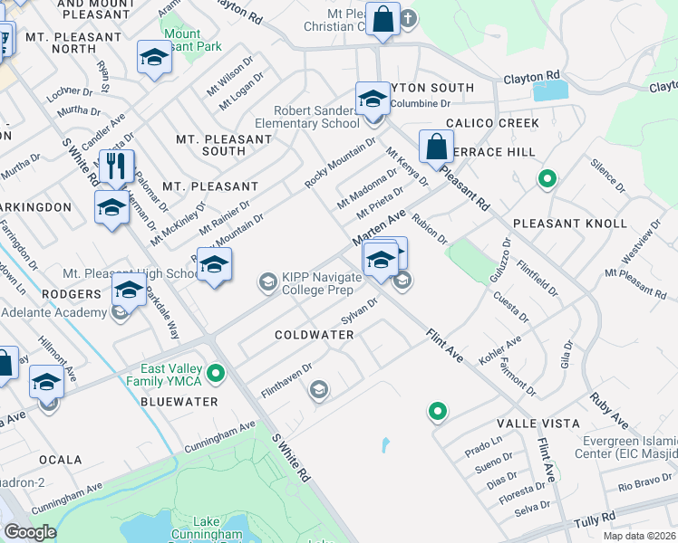 map of restaurants, bars, coffee shops, grocery stores, and more near 3302 Marten Avenue in San Jose