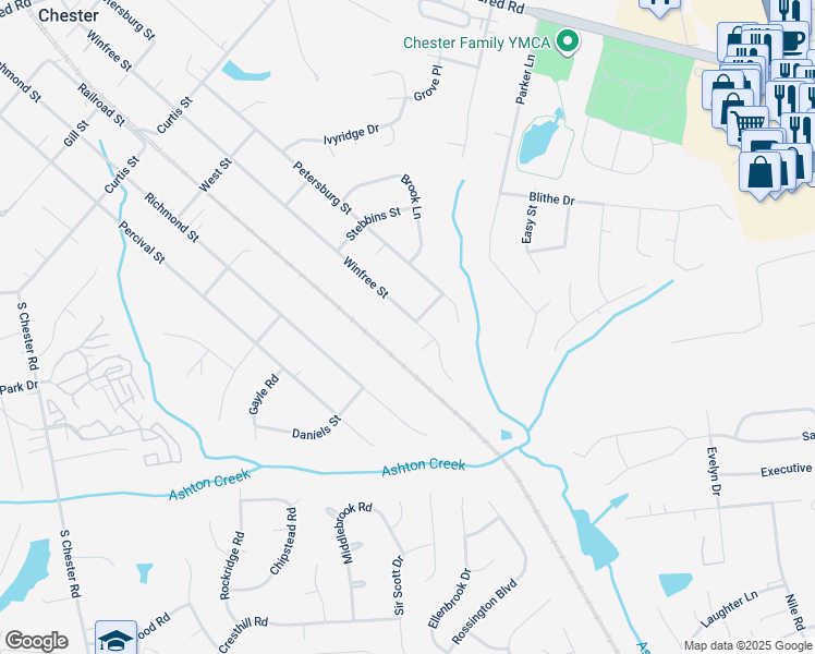 map of restaurants, bars, coffee shops, grocery stores, and more near 12680 Winfree Street in Chester