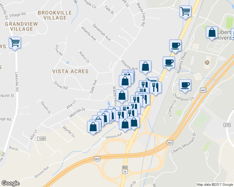 map of restaurants, bars, coffee shops, grocery stores, and more near 1198 Wards Ferry Road in Lynchburg