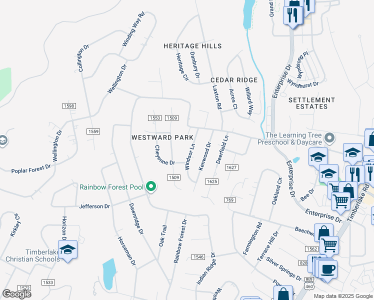 map of restaurants, bars, coffee shops, grocery stores, and more near 170 Windsor Lane in Lynchburg