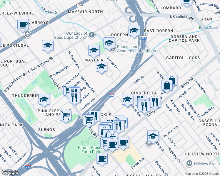 map of restaurants, bars, coffee shops, grocery stores, and more near 1966 Lavonne Avenue in San Jose