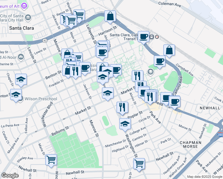 map of restaurants, bars, coffee shops, grocery stores, and more near 950 Santa Clara Street in Santa Clara