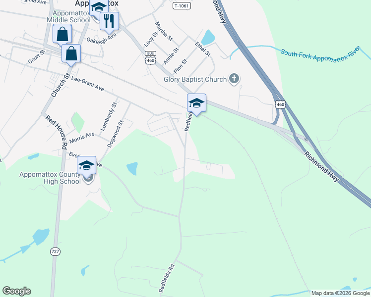 map of restaurants, bars, coffee shops, grocery stores, and more near 1818 State Route 635 in Appomattox