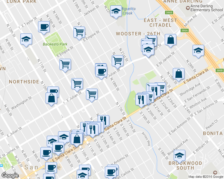 map of restaurants, bars, coffee shops, grocery stores, and more near 202 North 17th Street in San Jose