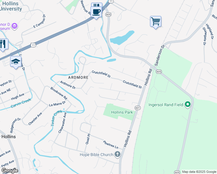 map of restaurants, bars, coffee shops, grocery stores, and more near 7004 Domaca Drive in Hollins