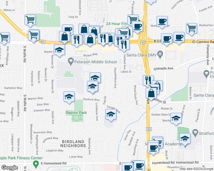 map of restaurants, bars, coffee shops, grocery stores, and more near 1450 Teal Drive in Sunnyvale