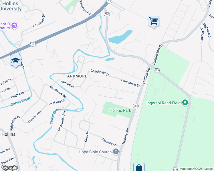map of restaurants, bars, coffee shops, grocery stores, and more near 7004 Domaca Drive in Hollins