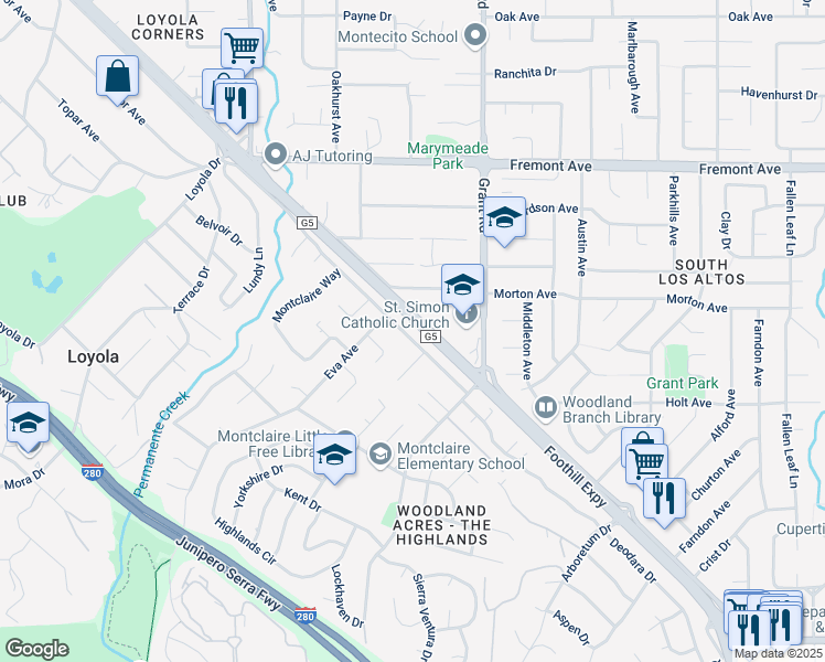 map of restaurants, bars, coffee shops, grocery stores, and more near 1825 Granger Avenue in Los Altos