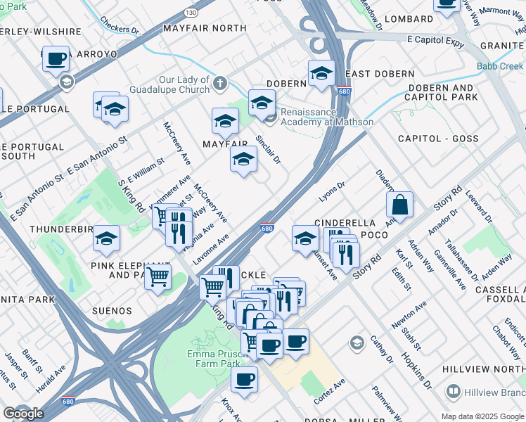 map of restaurants, bars, coffee shops, grocery stores, and more near 1966 Lavonne Avenue in San Jose