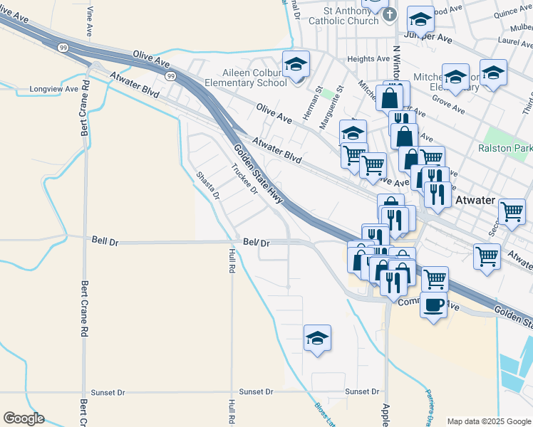 map of restaurants, bars, coffee shops, grocery stores, and more near 2104 Redding Way in Atwater