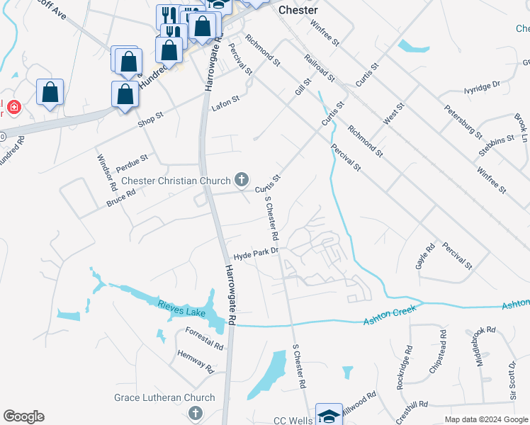 map of restaurants, bars, coffee shops, grocery stores, and more near 12518 South Chester Road in Chester