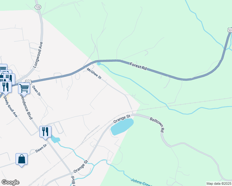 map of restaurants, bars, coffee shops, grocery stores, and more near 2170 McGhee St in Bedford