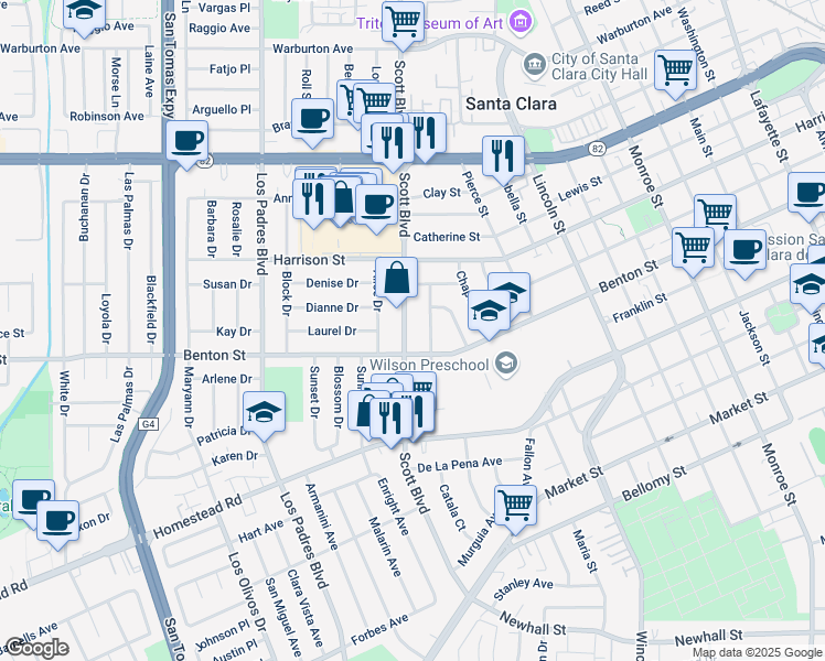 map of restaurants, bars, coffee shops, grocery stores, and more near 1169 Scott Boulevard in Santa Clara