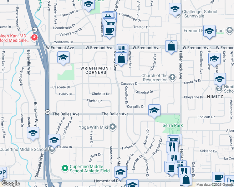 map of restaurants, bars, coffee shops, grocery stores, and more near 1442 Kitimat Place in Sunnyvale