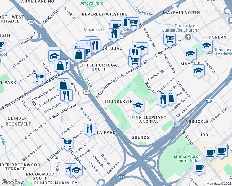 map of restaurants, bars, coffee shops, grocery stores, and more near 248 South 33rd Street in San Jose