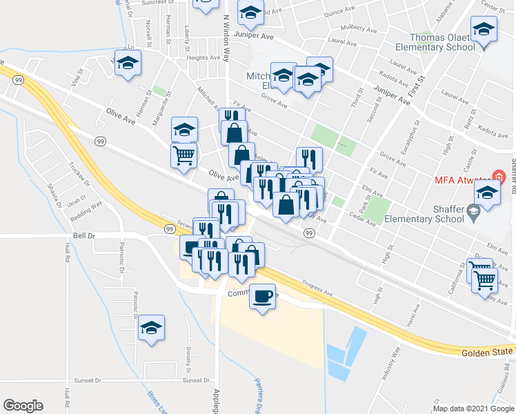 map of restaurants, bars, coffee shops, grocery stores, and more near 1491 Atwater Boulevard in Atwater