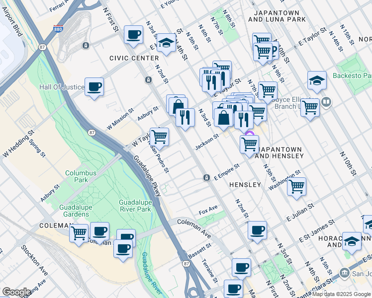 map of restaurants, bars, coffee shops, grocery stores, and more near 619 North 1st Street in San Jose