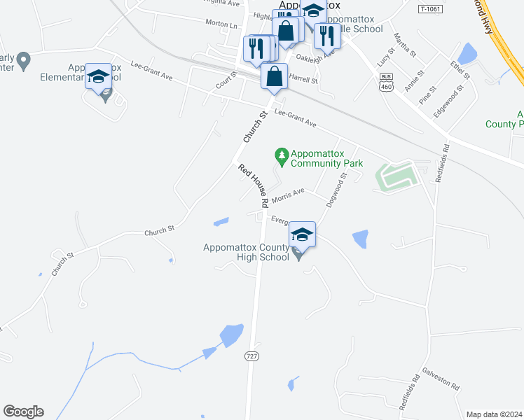 map of restaurants, bars, coffee shops, grocery stores, and more near 152 Booth Drive in Appomattox