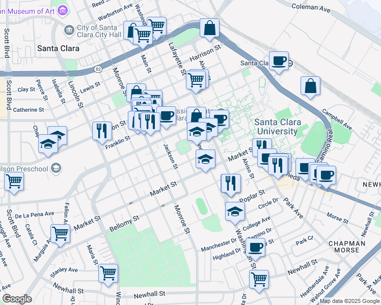 map of restaurants, bars, coffee shops, grocery stores, and more near 6 Lexington Street in Santa Clara