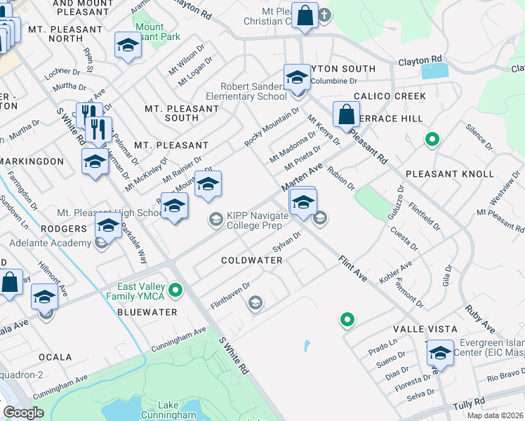 map of restaurants, bars, coffee shops, grocery stores, and more near 3302 Marten Avenue in San Jose