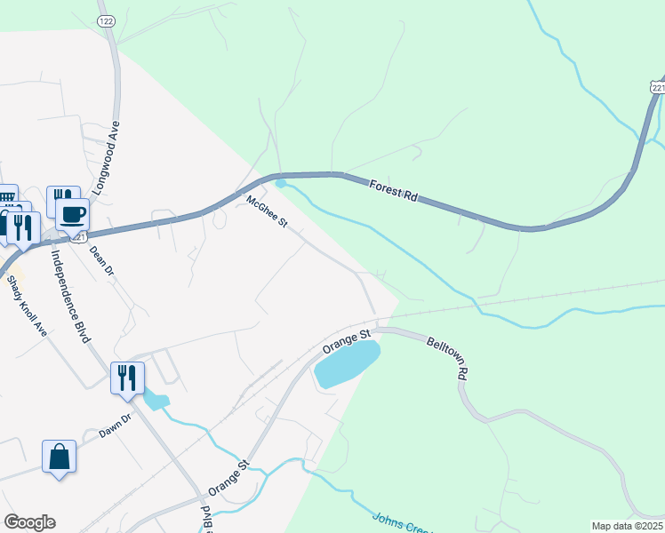 map of restaurants, bars, coffee shops, grocery stores, and more near 2170 McGhee Street in Bedford