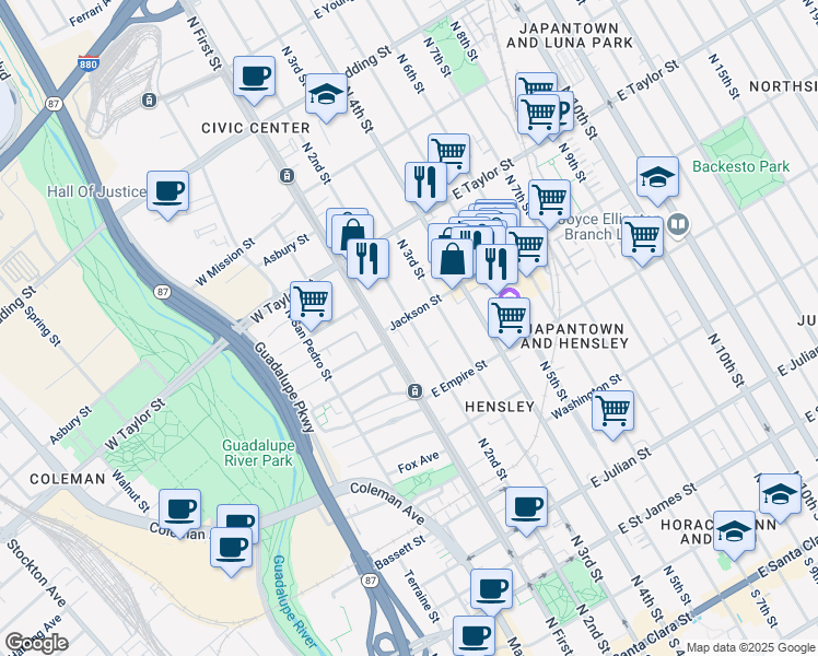 map of restaurants, bars, coffee shops, grocery stores, and more near 587 North 2nd Street in San Jose