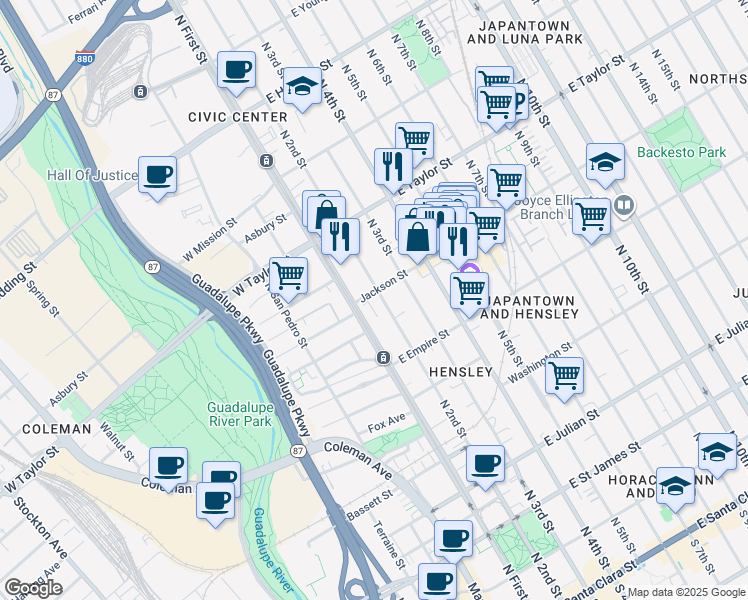 map of restaurants, bars, coffee shops, grocery stores, and more near 587 North 2nd Street in San Jose