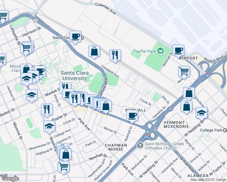 map of restaurants, bars, coffee shops, grocery stores, and more near 431 El Camino Real in Santa Clara
