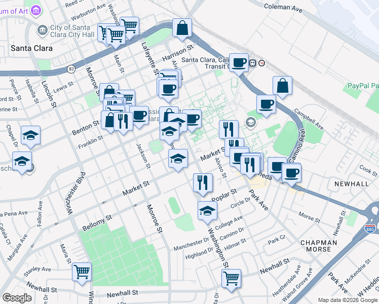 map of restaurants, bars, coffee shops, grocery stores, and more near 950 Santa Clara Street in Santa Clara
