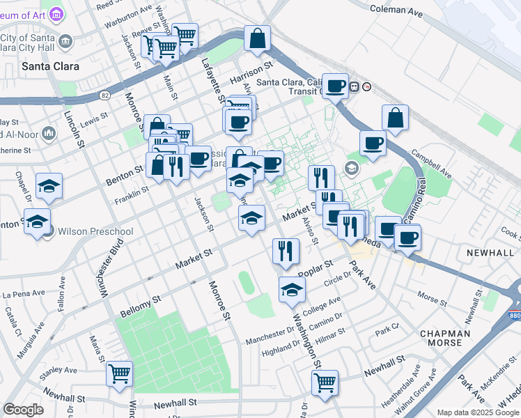 map of restaurants, bars, coffee shops, grocery stores, and more near 950 Santa Clara Street in Santa Clara