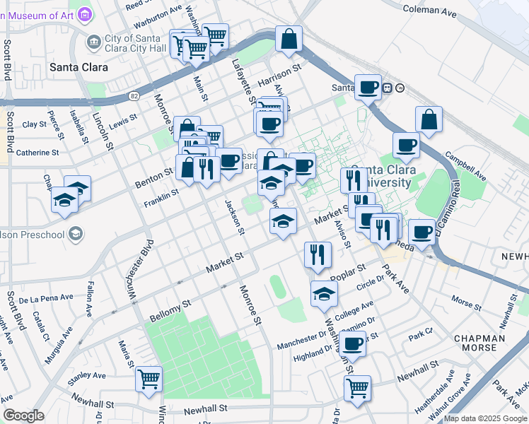 map of restaurants, bars, coffee shops, grocery stores, and more near 6 Lexington Street in Santa Clara